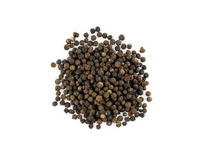Pile of Black pepper corns seeds isolated on white background. Top view