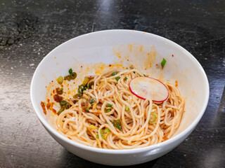 Close up shot of Noodles with Spicy sauce