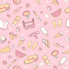 Pattern summer attributes: ball, ice cream, butterfly, umbrella, hat, spf 50 cream, book, swimsuit, watermelon, strawberry, photograph, shoes, sandals, glasses, kebab, ladybug. Vector illustration.