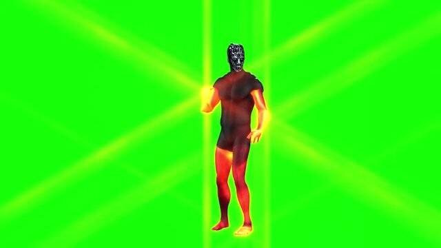 3d animation of a male devil avatar figure in black and with fire  emitting from his limbs dances.