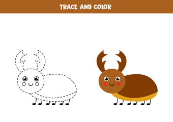 Trace and color cute stag beetle. Worksheet for kids.