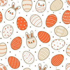 Seamless pattern with cute decorated eggs isolated on white - cartoon background for happy Easter design