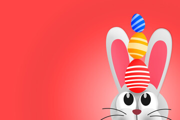 Cute Easter bunny with Easter eggs on his head. Copy space. Colorful illustration 