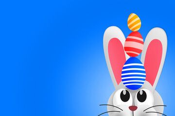 Cute Easter bunny with Easter eggs on his head. Copy space. Colorful illustration 