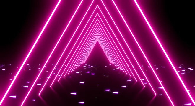 3d render of abstract pink neon triangle light with glowing lines on dark background. © yayha