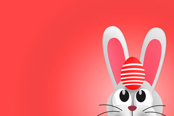 Cute Easter bunny with Easter egg on his head. Copy space. Colorful illustration 