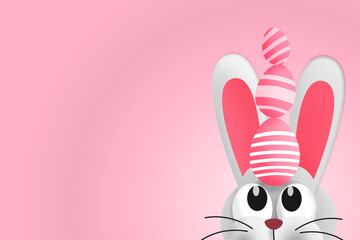 Cute Easter bunny with Easter eggs on his head. Copy space. Colorful illustration 