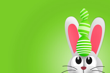 Cute Easter bunny with Easter eggs on his head. Copy space. Colorful illustration 