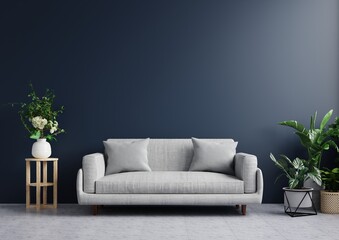 Living room with dark blue walls is empty, decorated with plants and sofas on tiled floors.3d rendering.