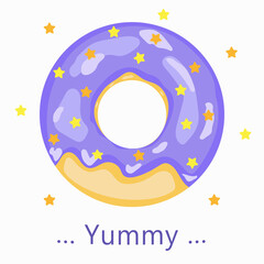 Donut with blueberry glaze, sprinkled with yellow and orange stars. Isolated on light beige background. Vector illustration.