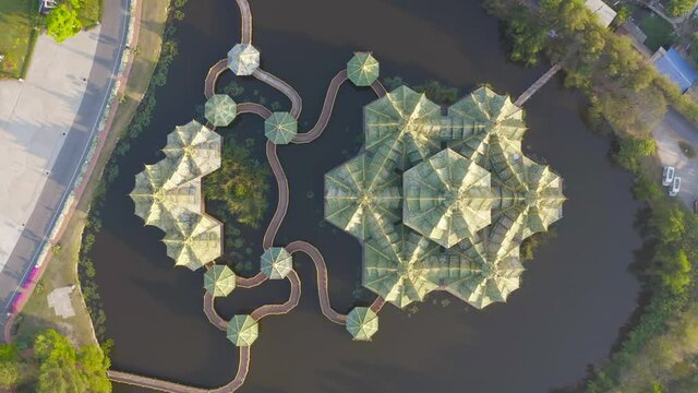 Aerial top view of The Ancient Siam City, the museum park with lake, in Samut Prakan Province, Bangkok, Thailand. Thai architecture temple. Tourist attraction landmark building.