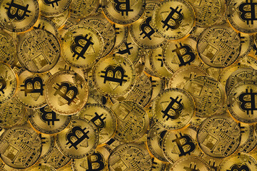 Golden coins with bitcoin symbol., Bitcoins Digital Technology Business Internet.