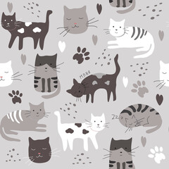 cute vector seamless pattern with hand drawn difference cats, paws, naive childish ornament. pattern for printing on fabric, clothing, wrapping paper, wallpaper for a kid's room, baby things