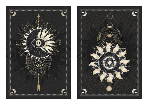 Vector dark illustrations with sacred geometry symbols, grunge textures and frames.  Images in black, white and gold.