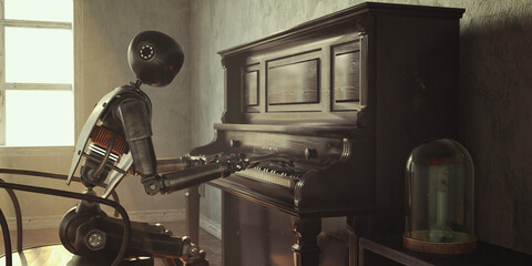 Robot Nestor is playing piano in post apocalyptic world, 3d rendering  © Василь Чейпеш
