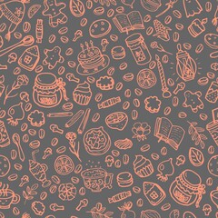 Seamless Pattern with autumn attributes. Lemon, book, jam, tea, coffee, cakes, cookies, flowers, candy, nuts, spoons, cups, candles. Vector illustration. Paper and textile design.
