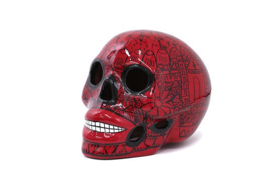 Calavera Roja De Día De Muertos Catrina Mexicana Con Dibujos En El Cráneo