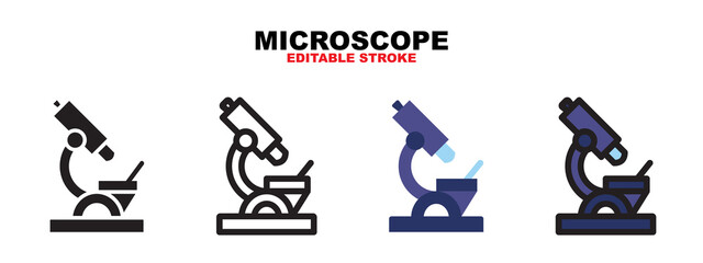 Microscope icon set with different styles. Editable stroke and pixel perfect. Can be used for web, mobile, ui and more.