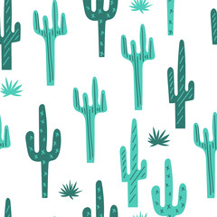 Simple seamless pattern with cactuses on the white background. Childish flat vector illustration with plants of the desert