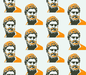 Spring seamless geometric pattern featuring antique statues, men. Vector design for web banner, business presentation, brand package, fabric, print, wallpaper, postcard.