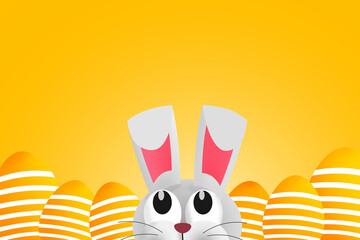 Cute Easter bunny around Easter eggs. Copy space. Illustration 