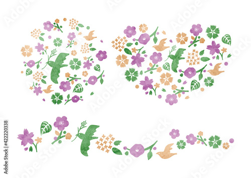 鳥と花イラスト 水彩風01 Wall Mural Wallpaper Murals きなこもち
