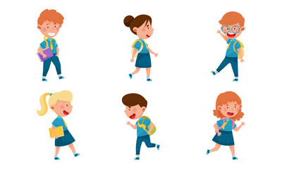 Boy and Girl Characters Wearing School Uniform and Backpack Walking and Running to School Vector Illustration Set