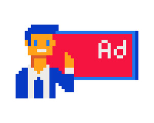 Businessman, manager makes an announcement near the board, advertising banner, pixel art icon, school board Isolated vector illustration. Design for logo, sticker and app.