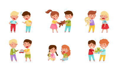 Hostile Kids with Angry Grimace Fighting Over Toys and Quarreling Vector Illustration Set