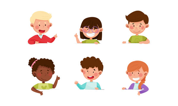 Cute Boy and Girl Characters Sitting at Table or School Desk and Speaking Vector Illustrations Set