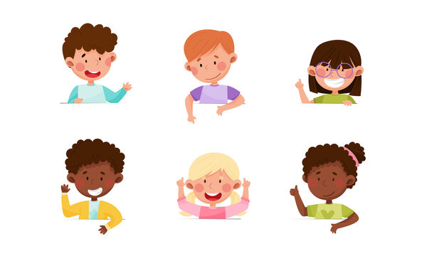 Cute Boy and Girl Characters Sitting at Table or School Desk and Speaking Vector Illustrations Set