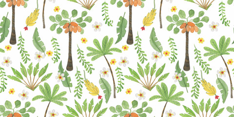 Watercolor painting seamless pattern with colorful palms, tropical  leaves, hibiscus flowers, banana and mango fruits on white background - 422221337