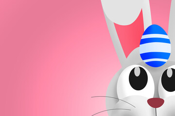 Cute Easter bunny with Easter egg on his head. Copy space. Colorful illustration 