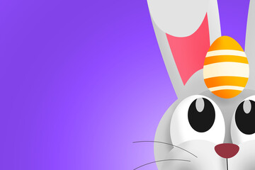 Cute Easter bunny with Easter egg on his head. Copy space. Colorful illustration 