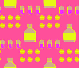 Spring seamless geometric pattern with the image of pills, medicines. Vector design for web banner, business presentation, brand package, fabric, print, wallpaper, postcard.