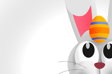 Cute Easter bunny with Easter egg on his head. Copy space. Colorful illustration 