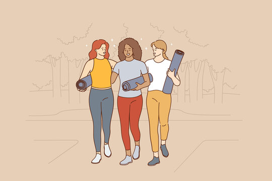 Practicing yoga, active healthy lifestyle concept. Three young smiling girls friends with yoga mats walking along street to lesson or practice feeling happy vector illustration 