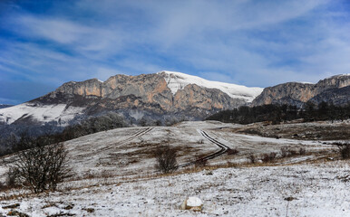 Scenic winter landscape view of the Sartsapat mountain in Tavush province of Armenia - 422222760