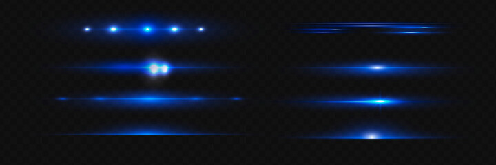 Blue horizontal lens flares pack. Laser beams, horizontal light rays. Beautiful light flares.