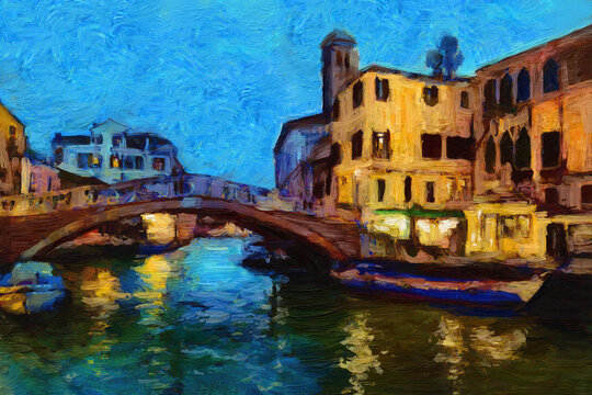 Modern impressionism, original oil painting on canvas. Evening in beautiful Venice. Light reflections in canal