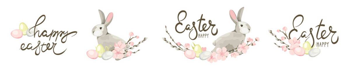 Stickers for Easter holidays. Rabbit, Willow, Cherry blossom and eggs. Set vector design elements on the theme of flowering and spring.	