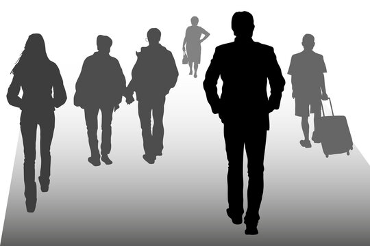 Vector silhouettes of people walking forward, men bystanders, rear view, a crowd of pedestrians summer clothes, woman with bag, shoppers, married couple, businessman, man with a suitcase, a young girl