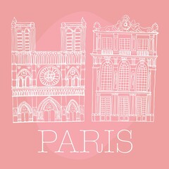 Notre Dame and Palace of Versailles. Hand drawn vector illustration. Paris architecture. Line art. Tourism, traveling, adventures, education. Art History. Poster, card, print design.