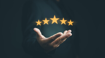 Customer evaluation feedback.men in suit Giving Positive Review for Client's Satisfaction Surveys.giving a five star rating. Service rating, satisfaction concept - obrazy, fototapety, plakaty