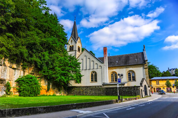 Luxembourg city, Luxembourg - July 15, 2019: Romanian Orthodox church of the Nativity of the Lord in the Old Town of Luxembourg city in Europe - 422226163