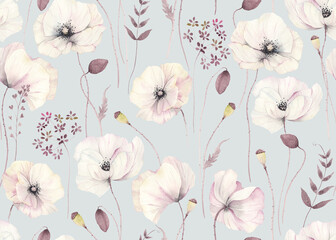 Floral seamless pattern with delicate poppies and abstract plants on grey-turquoise background. Watercolor illustration in vintage style, tender flowers poppy for wallpapers, textile or garden print.