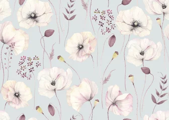 Wall murals Vintage style Floral seamless pattern with delicate poppies and abstract plants on grey-turquoise background. Watercolor illustration in vintage style, tender flowers poppy for wallpapers, textile or garden print.