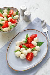 Composition with mozzarella cheese, tomatoes and basil on grunge background