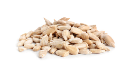 Peeled sunflower seeds on white background