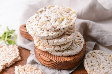 Board with rice crackers, closeup